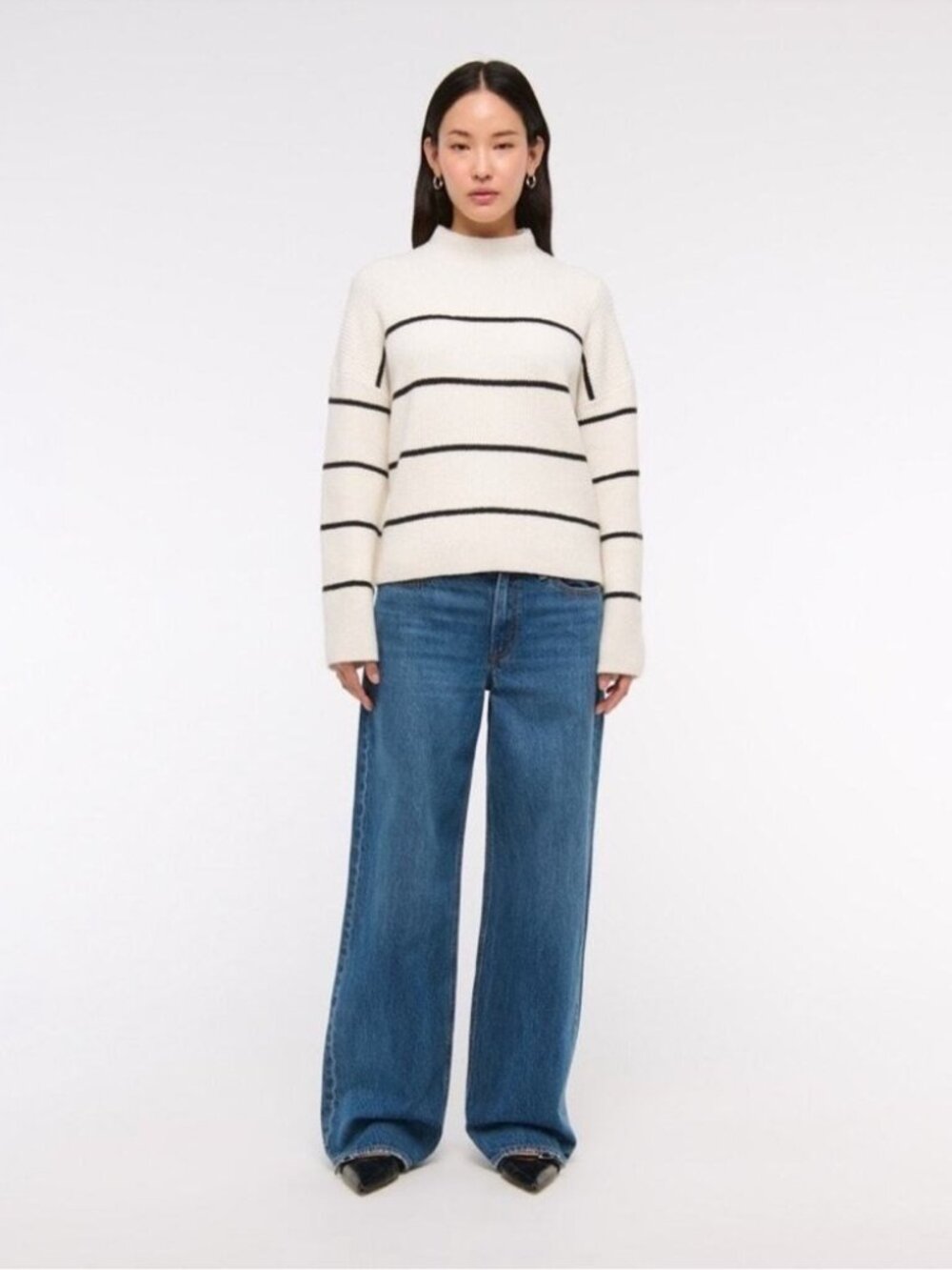 Abercrombie & Fitch White Black Striped Turtleneck Oversized Sweater Size L